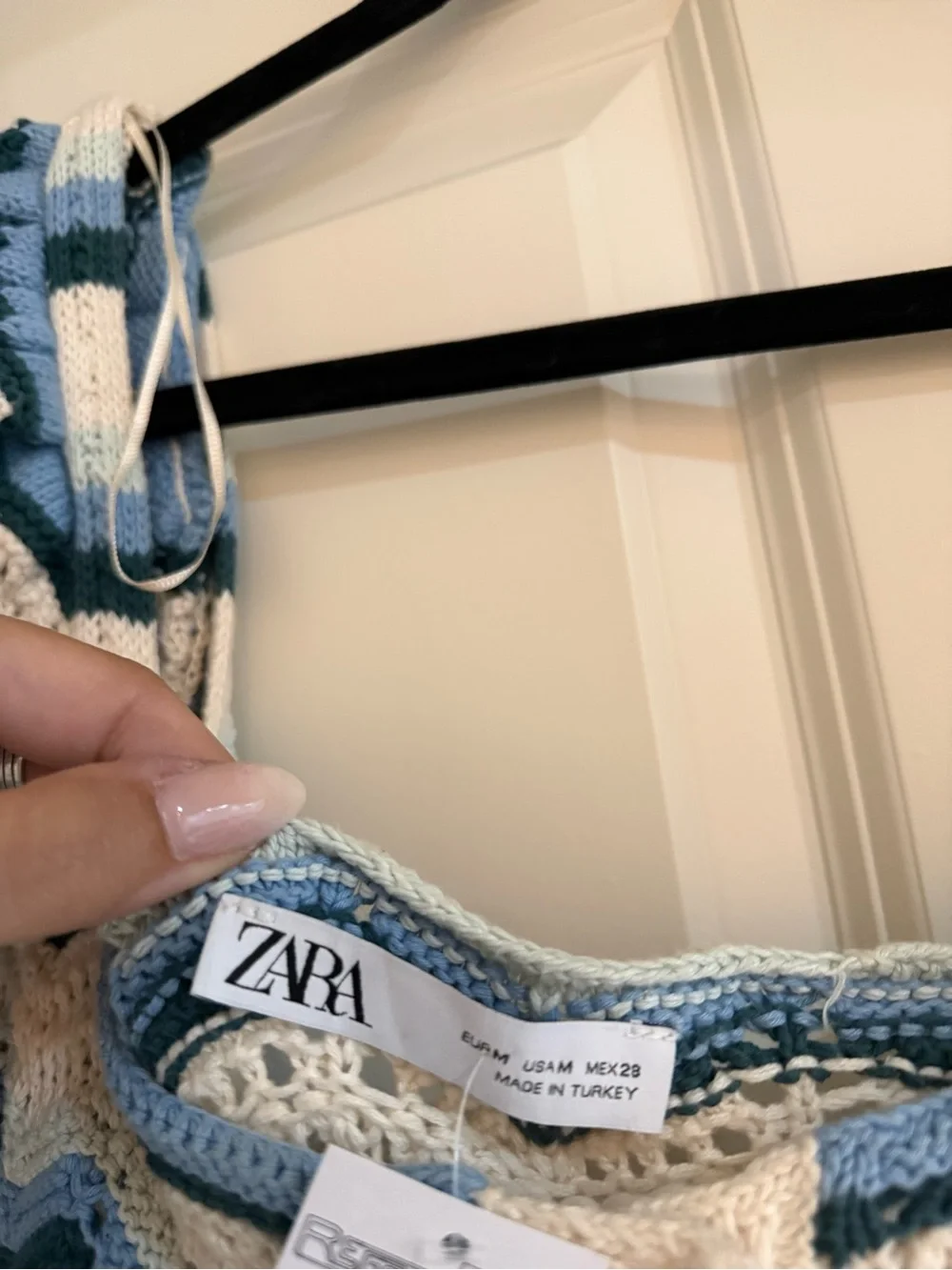 Zara Cream & Blue Crochet Chevron Button Crop Top